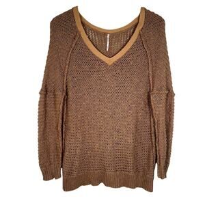Free People Open Knit Sweater S Brown Pullover Oversized Boho Cotton